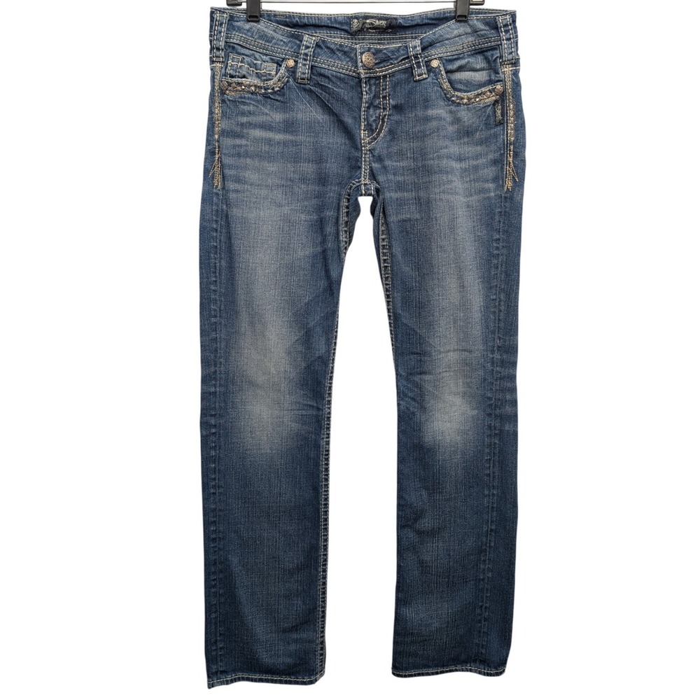 Silver Jeans Co Suki Low Straight Womens W30 L32 Blue Embellished Y2K Denim